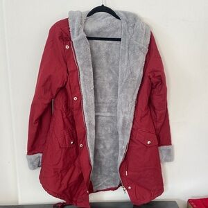 Women's Red Hooded Jacket with Gray Lining